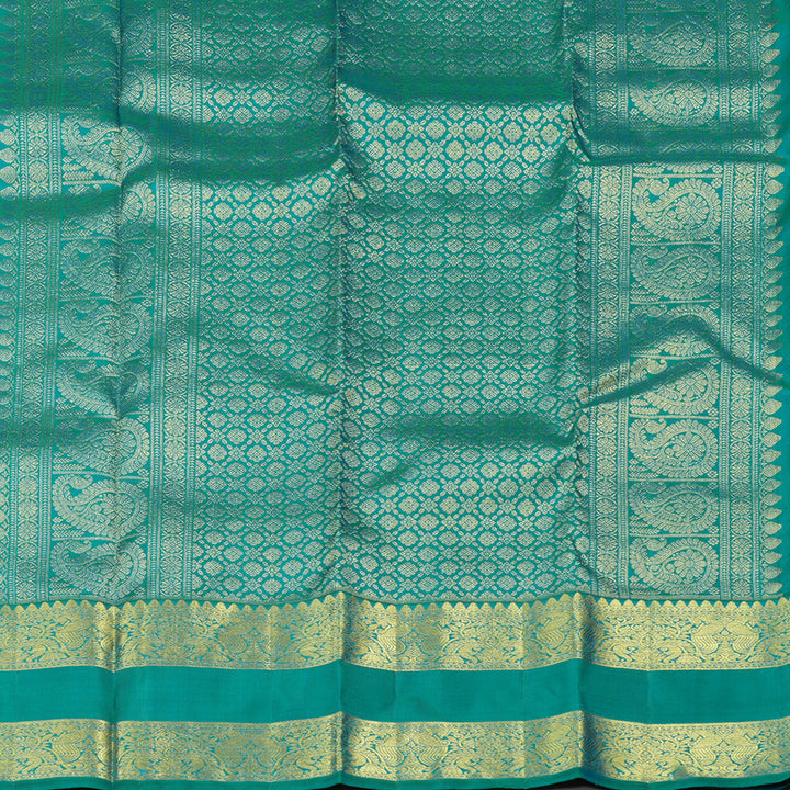 Hayagrivas Orangish Pink Handloom Kanjivaram Silk Saree with Sea Blue Border KBE206D1-1