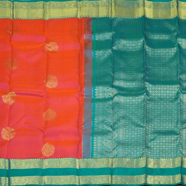 Hayagrivas Orangish Pink Handloom Kanjivaram Silk Saree with Sea Blue Border KBE206D1-1