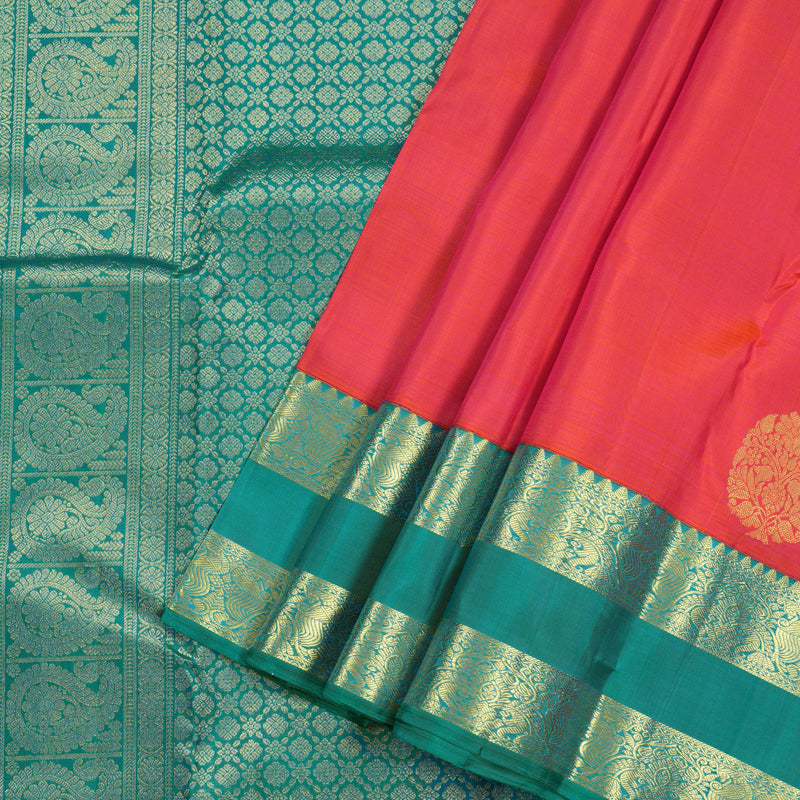 Hayagrivas Orangish Pink Handloom Kanjivaram Silk Saree with Sea Blue Border KBE206D1-1