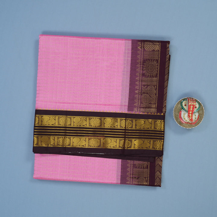 Hayagrivas Rose Pink Pure Silk Cotton Saree with Burgundy Border KBE2072A10-9