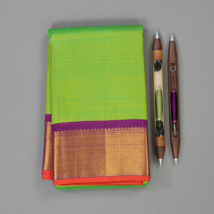 Hayagrivas Handloom Fluorescent Green Kanjivaram Silk Saree with Purple Border KBE2074A15-1