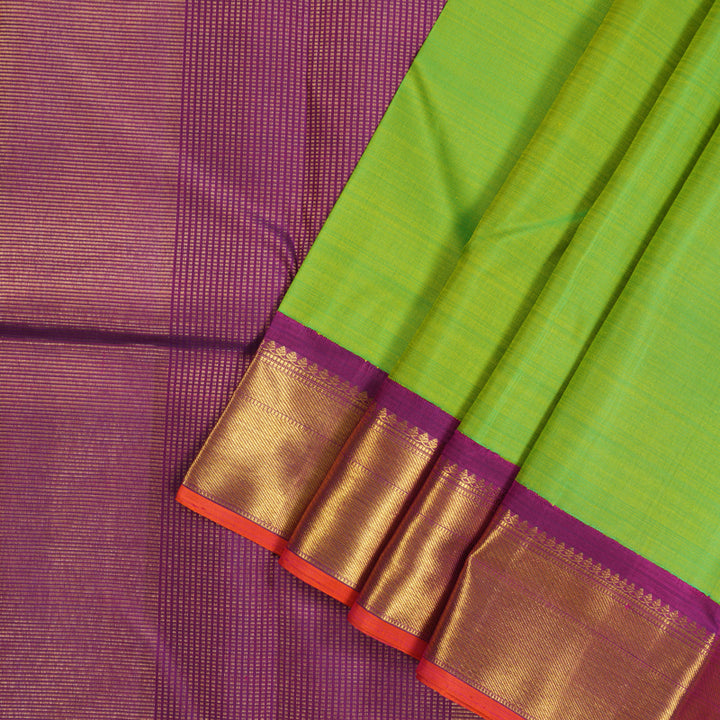Hayagrivas Handloom Fluorescent Green Kanjivaram Silk Saree with Purple Border KBE2074A15-1
