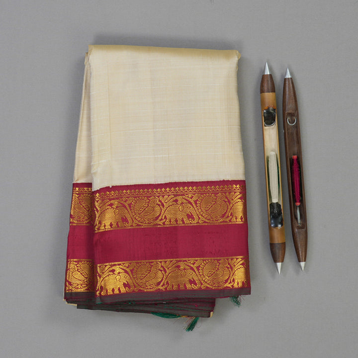 Hayagrivas Handloom Sandal Beige Kanjivaram Silk Saree with Maroon Border KBE2074A26-1