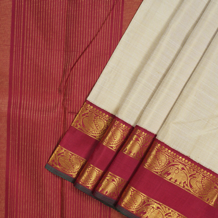 Hayagrivas Handloom Sandal Beige Kanjivaram Silk Saree with Maroon Border KBE2074A26-1