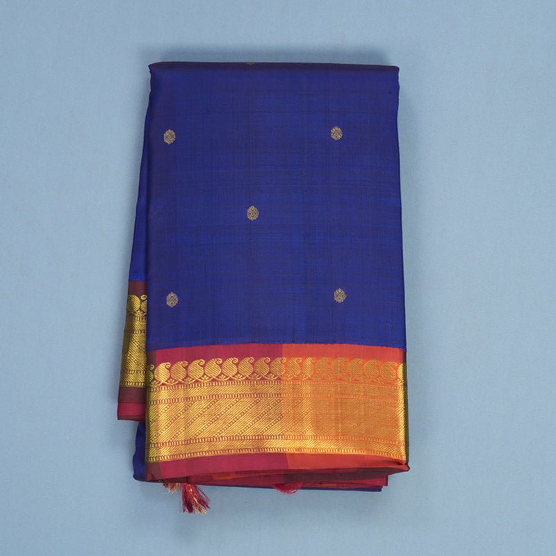 Hayagrivas Handloom Ink Blue Kanjivaram Silk Saree with Multicolour Border KBE2075A6-1