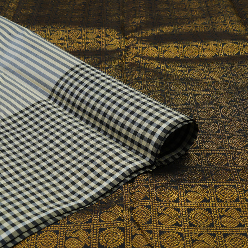 Hayagrivas Handloom Cream & Black Stripes Kanjivaram Silk Saree KBE2076A7-1