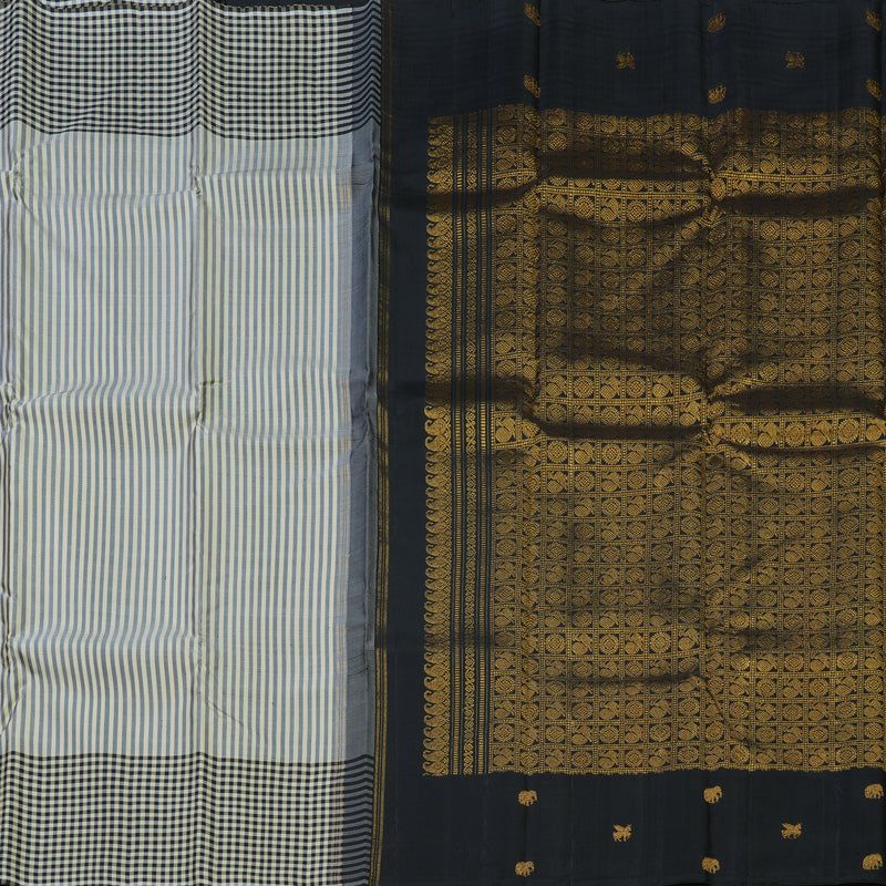 Hayagrivas Handloom Cream & Black Stripes Kanjivaram Silk Saree KBE2076A7-1