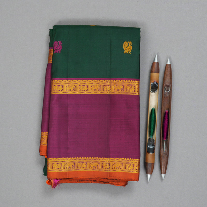 Hayagrivas Handloom Bottle Green Kanjivaram Silk Saree with Purple Border KBE2079A5-1