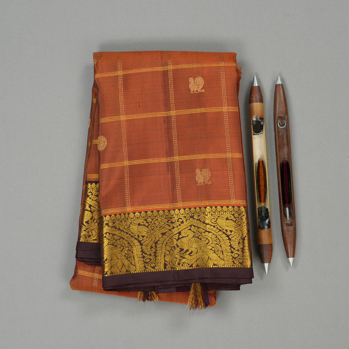 Hayagrivas Burnt Orange Handloom Kanjivaram Silk Saree with Dark Brown Border KBE207D13-1