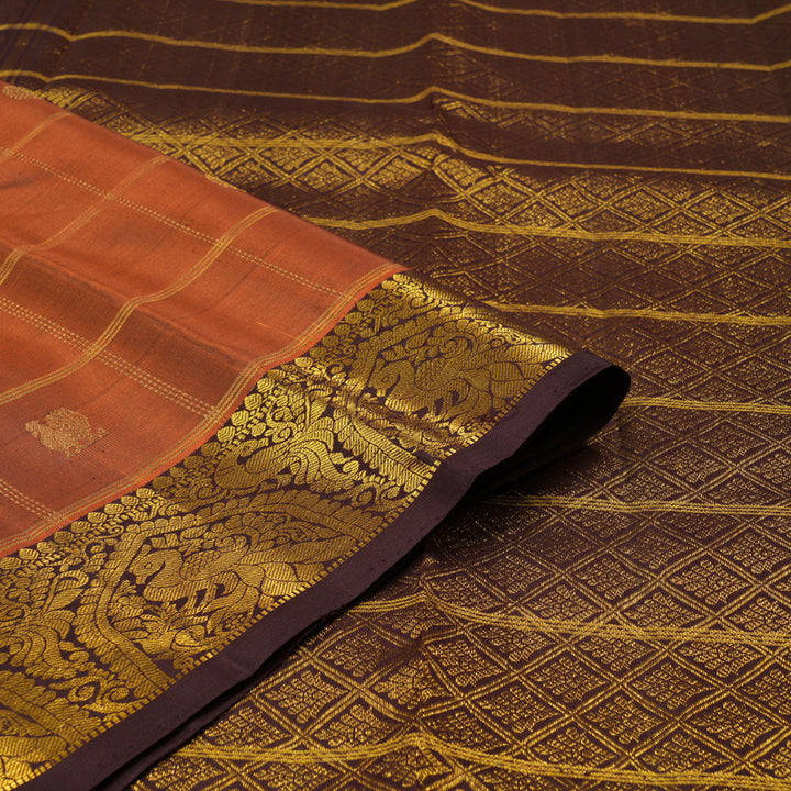 Hayagrivas Burnt Orange Handloom Kanjivaram Silk Saree with Dark Brown Border KBE207D13-1