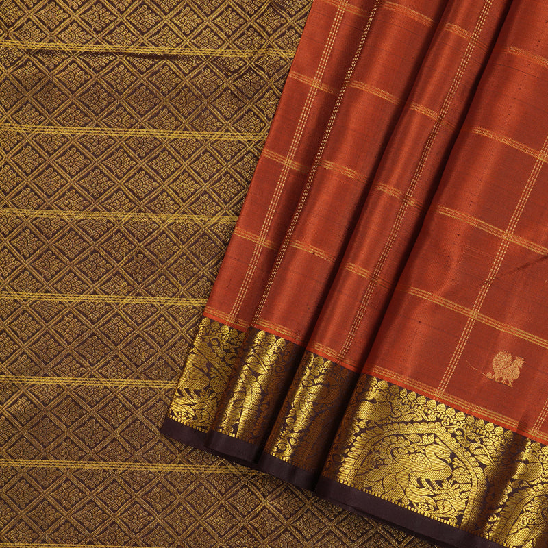 Hayagrivas Burnt Orange Handloom Kanjivaram Silk Saree with Dark Brown Border KBE207D13-1