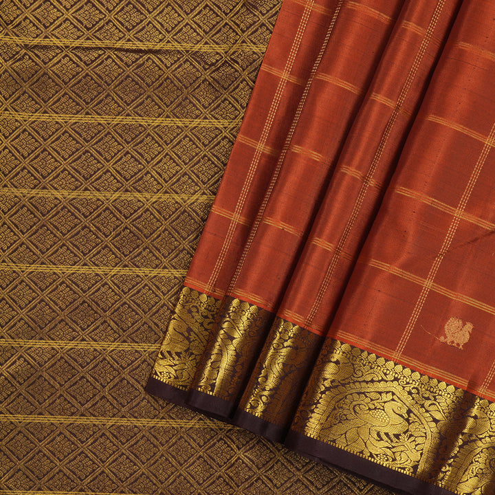 Hayagrivas Burnt Orange Handloom Kanjivaram Silk Saree with Dark Brown Border KBE207D13-1