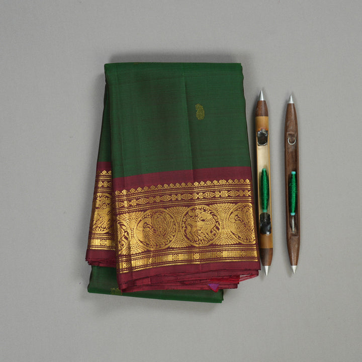 Hayagrivas Handloom Kanjivaram silk saree in bottle green with wine maroon KBE207D9-1