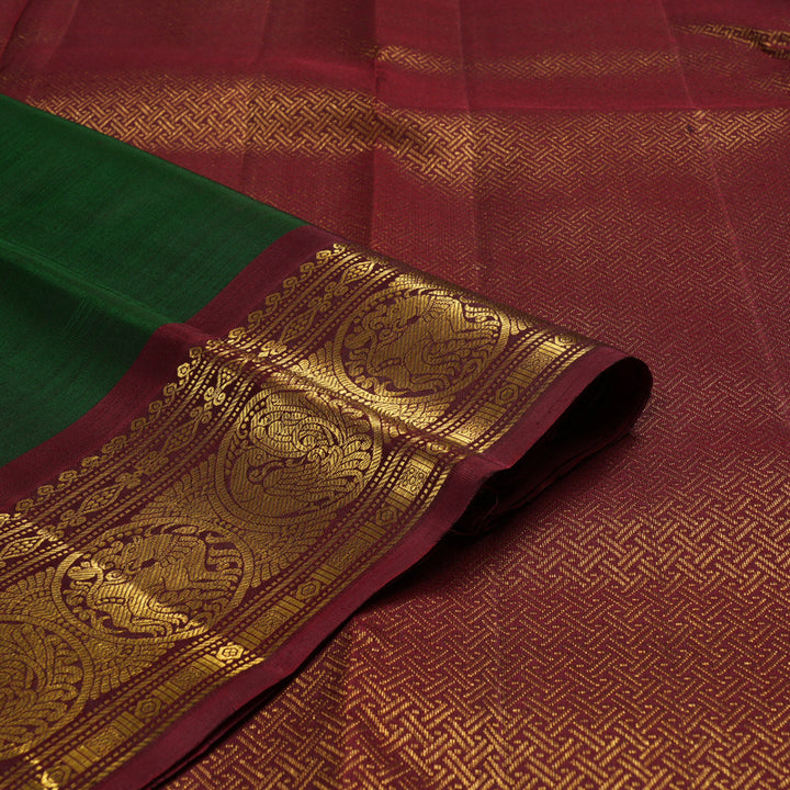 Hayagrivas Handloom Kanjivaram silk saree in bottle green with wine maroon KBE207D9-1