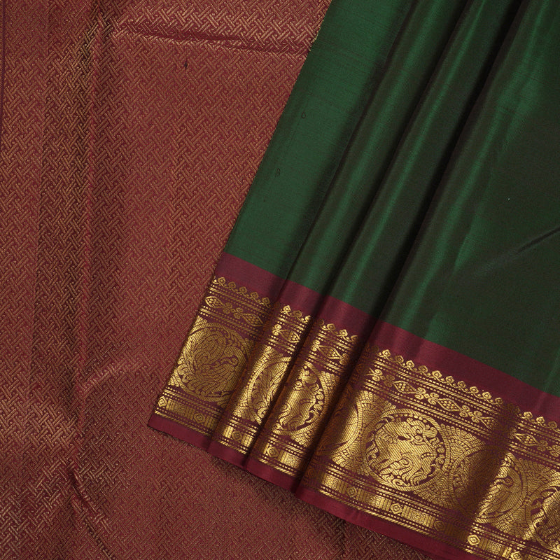 Hayagrivas Handloom Kanjivaram silk saree in bottle green with wine maroon KBE207D9-1