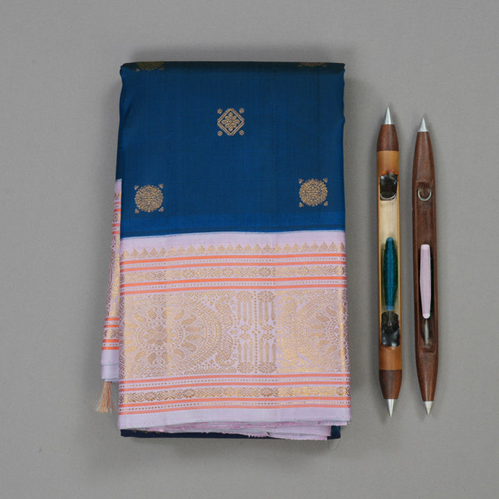 Hayagrivas Handloom Peacock Blue Kanjivaram Silk Saree with Lilac Border KBE2080A1-2