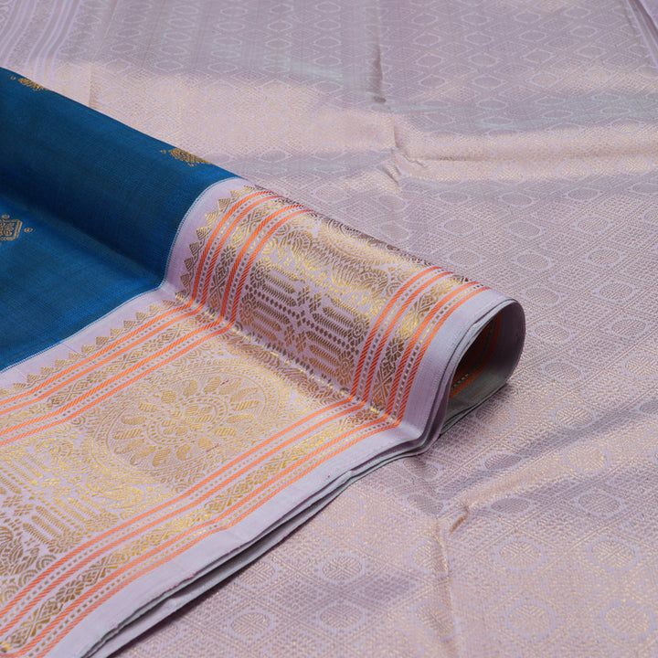Hayagrivas Handloom Peacock Blue Kanjivaram Silk Saree with Lilac Border KBE2080A1-2