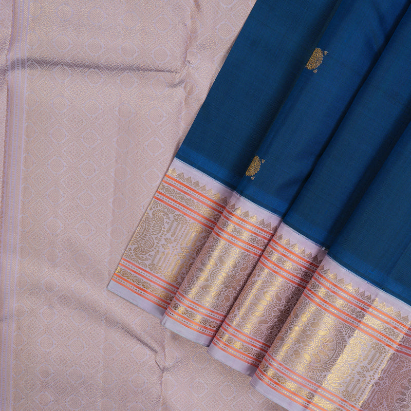 Hayagrivas Handloom Peacock Blue Kanjivaram Silk Saree with Lilac Border KBE2080A1-2
