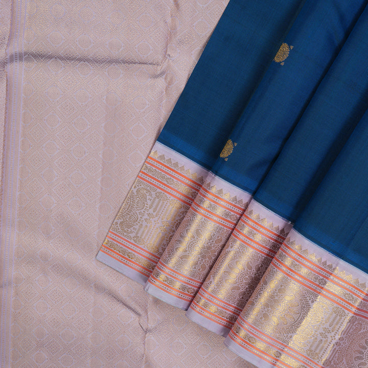 Hayagrivas Handloom Peacock Blue Kanjivaram Silk Saree with Lilac Border KBE2080A1-2