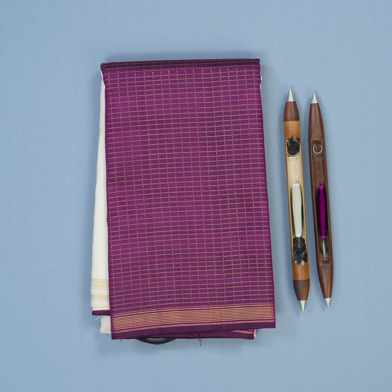 Hayagrivas Handloom Half-White Kanjivaram Silk Saree with Purple Border KBE2080A5-1