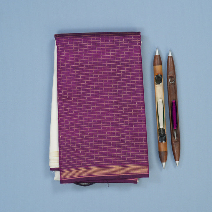 Hayagrivas Handloom Half-White Kanjivaram Silk Saree with Purple Border KBE2080A5-1