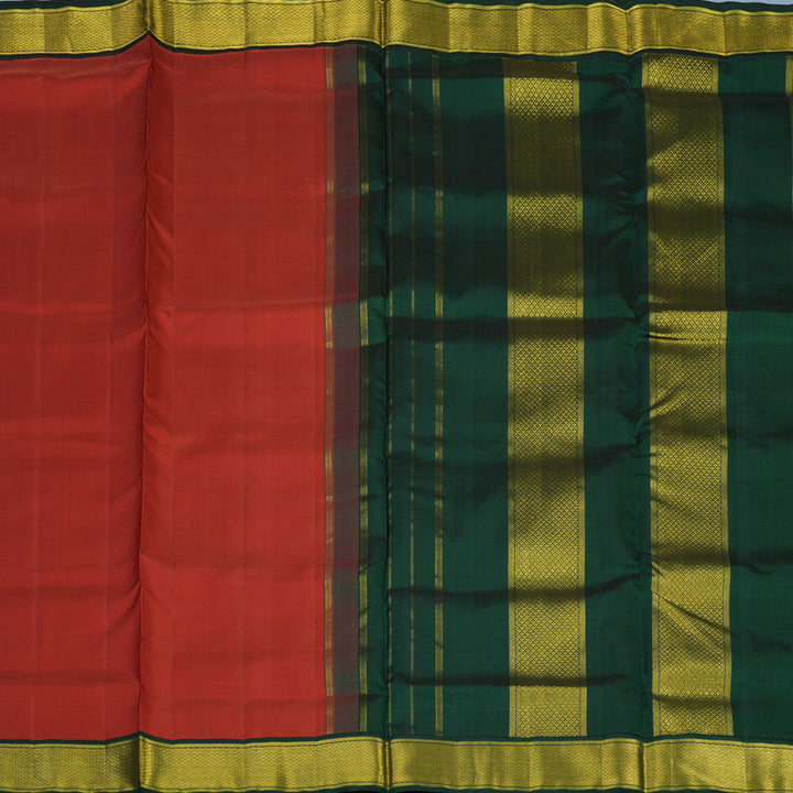 Hayagrivas Handloom Rusty Red Ten Yards Silk Saree with Bottle Green Border KBE2085A1-2