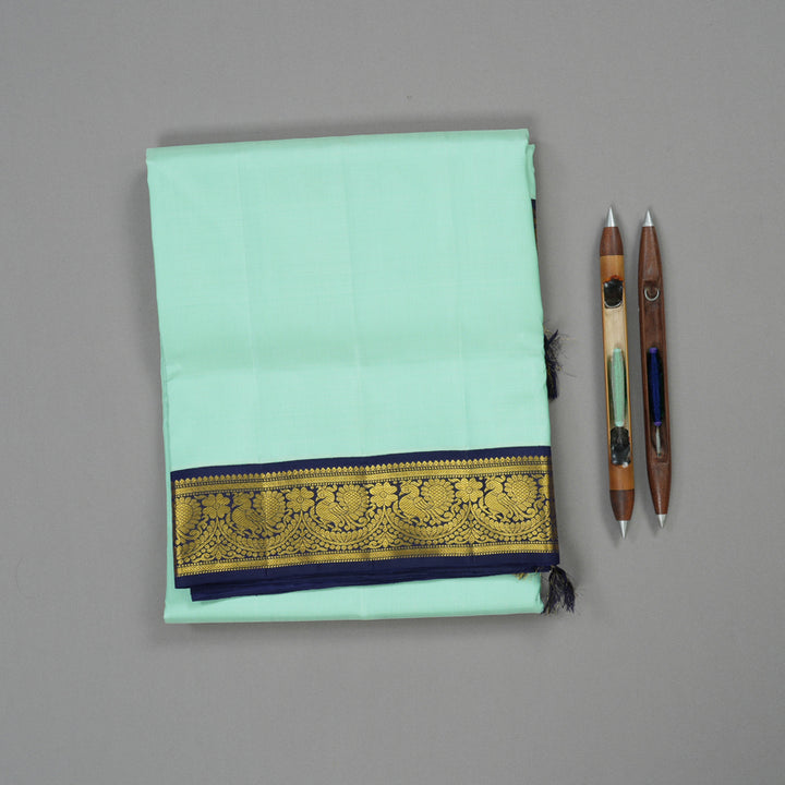 Hayagrivas Handloom Pista Green Ten Yards Silk Madisar with Navy Blue Border KBE2085A1-6