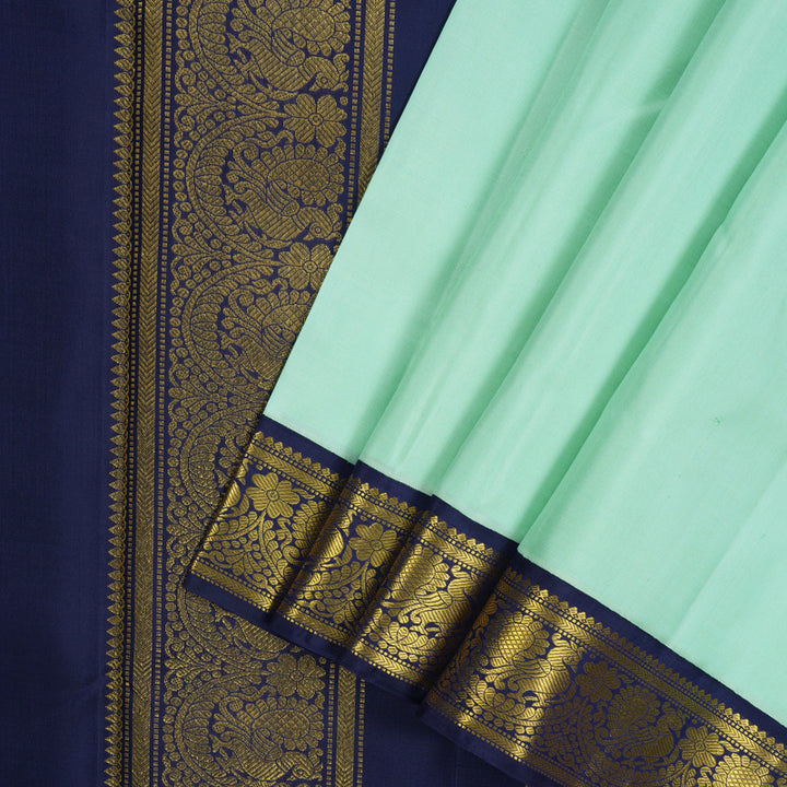 Hayagrivas Handloom Pista Green Ten Yards Silk Madisar with Navy Blue Border KBE2085A1-6