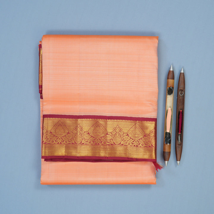 Hayagrivas Handloom Peach Orange Ten Yards Silk Saree with Maroon Border KBE2085A2-1
