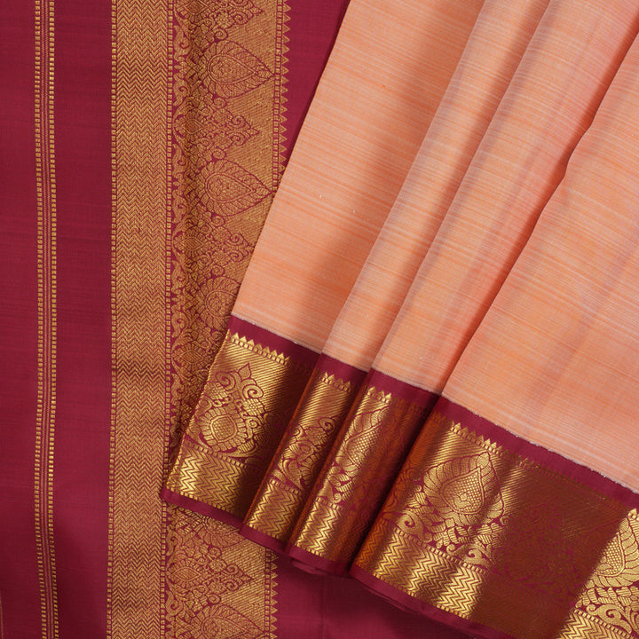 Hayagrivas Handloom Peach Orange Ten Yards Silk Saree with Maroon Border KBE2085A2-1