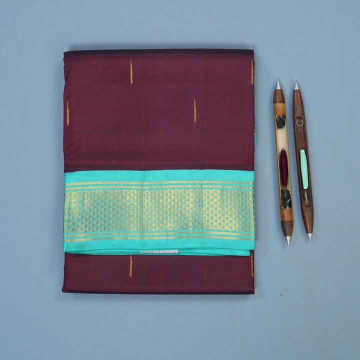 Hayagrivas Handloom Wine Maroon Ten Yards Silk Saree with Sea Blue Border KBE2085A6-1