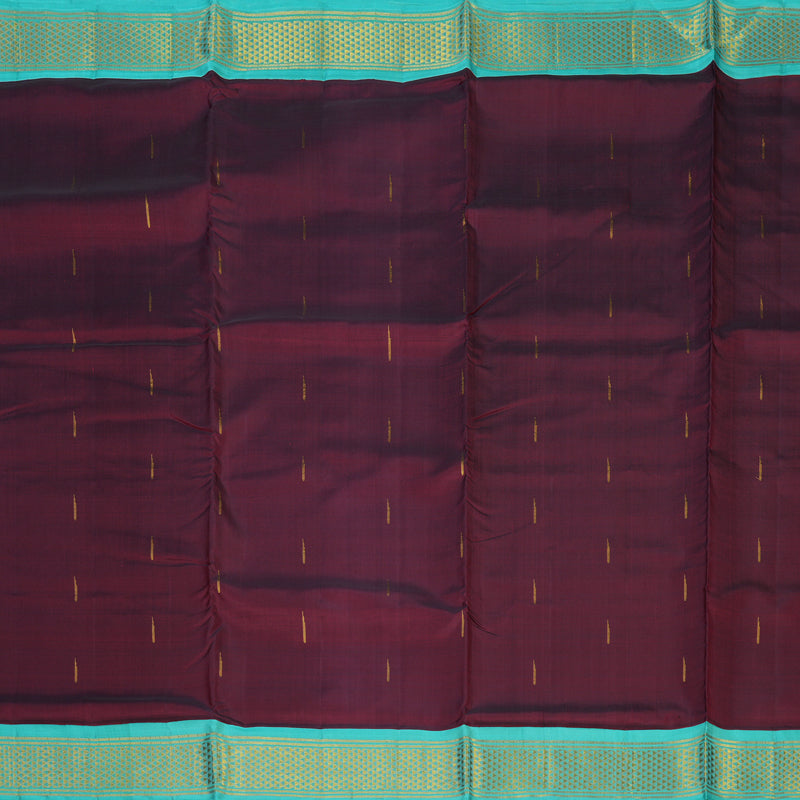 Hayagrivas Handloom Wine Maroon Ten Yards Silk Saree with Sea Blue Border KBE2085A6-1