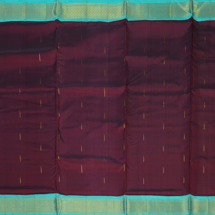 Hayagrivas Handloom Wine Maroon Ten Yards Silk Saree with Sea Blue Border KBE2085A6-1