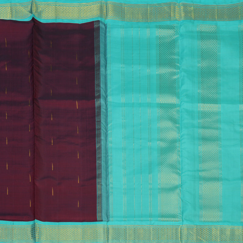 Hayagrivas Handloom Wine Maroon Ten Yards Silk Saree with Sea Blue Border KBE2085A6-1