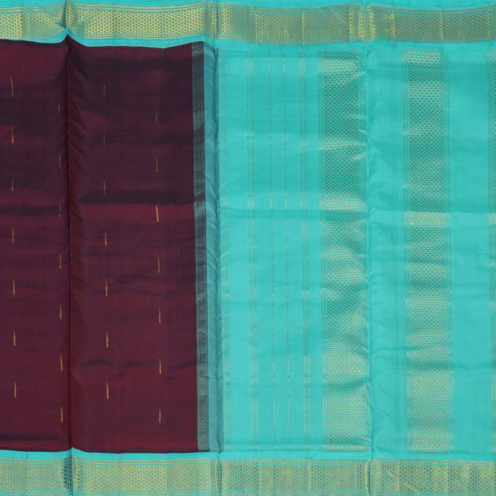 Hayagrivas Handloom Wine Maroon Ten Yards Silk Saree with Sea Blue Border KBE2085A6-1