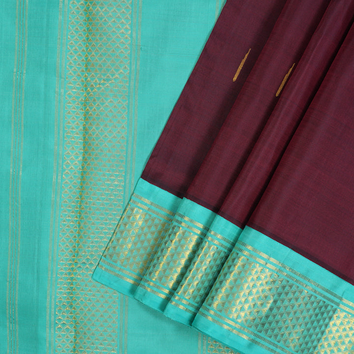 Hayagrivas Handloom Wine Maroon Ten Yards Silk Saree with Sea Blue Border KBE2085A6-1