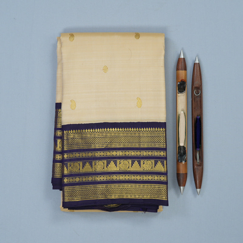 Hayagrivas Handloom Beige Kanjivaram Silk Saree with Midnight Blue Border KBE2086A13-1