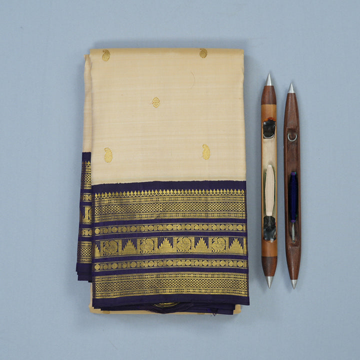 Hayagrivas Handloom Beige Kanjivaram Silk Saree with Midnight Blue Border KBE2086A13-1