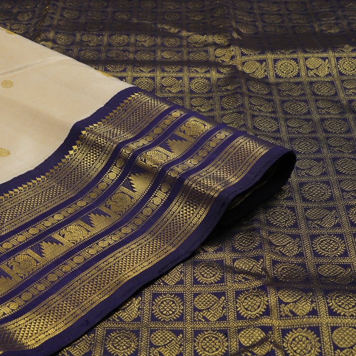 Hayagrivas Handloom Beige Kanjivaram Silk Saree with Midnight Blue Border KBE2086A13-1