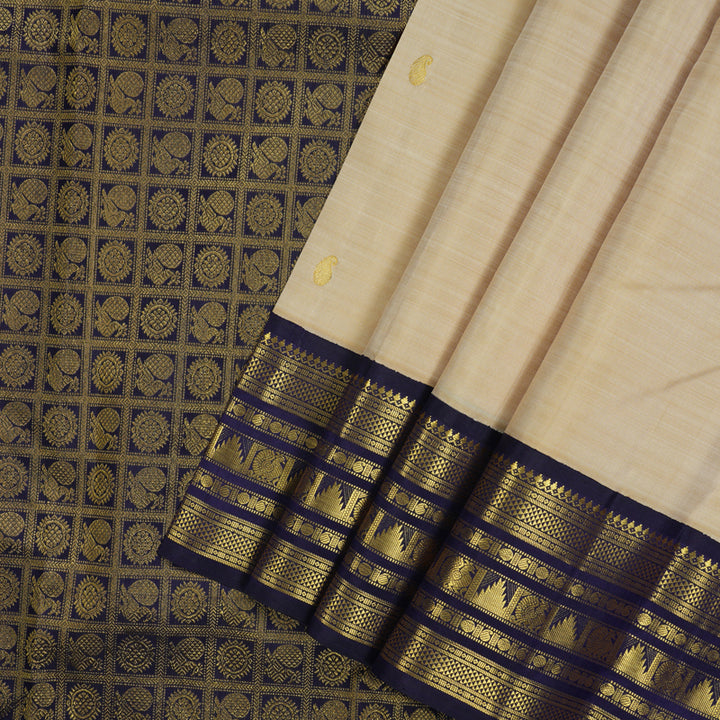 Hayagrivas Handloom Beige Kanjivaram Silk Saree with Midnight Blue Border KBE2086A13-1