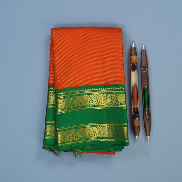 Hayagrivas Handloom Reddish-Orange Kanjivaram Silk Saree with Green Border KBE2086A5-1