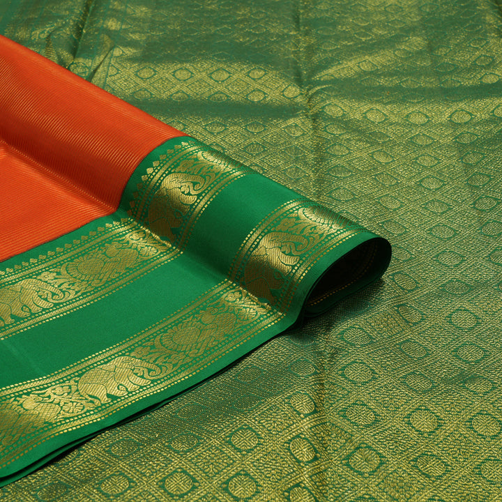 Hayagrivas Handloom Reddish-Orange Kanjivaram Silk Saree with Green Border KBE2086A5-1