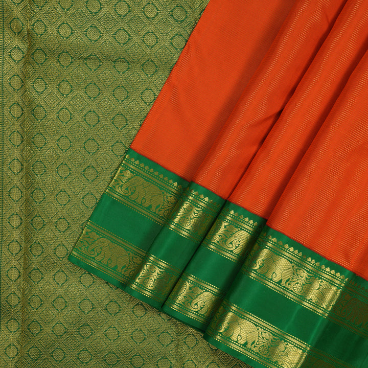 Hayagrivas Handloom Reddish-Orange Kanjivaram Silk Saree with Green Border KBE2086A5-1