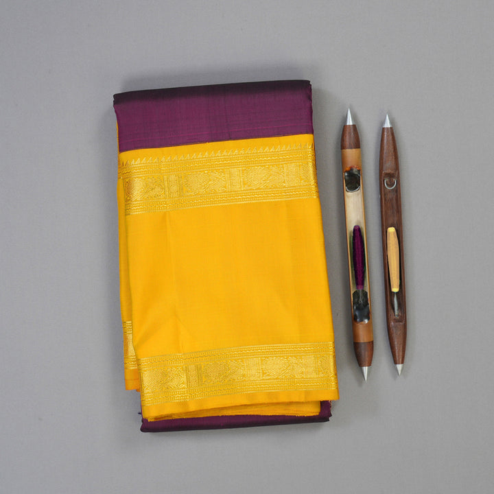 Hayagrivas Handloom Wine Purple Kanjivaram Silk Saree with Yellow Border KBE2086A6-1