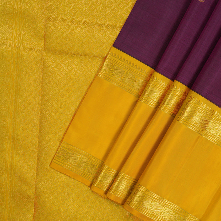 Hayagrivas Handloom Wine Purple Kanjivaram Silk Saree with Yellow Border KBE2086A6-1