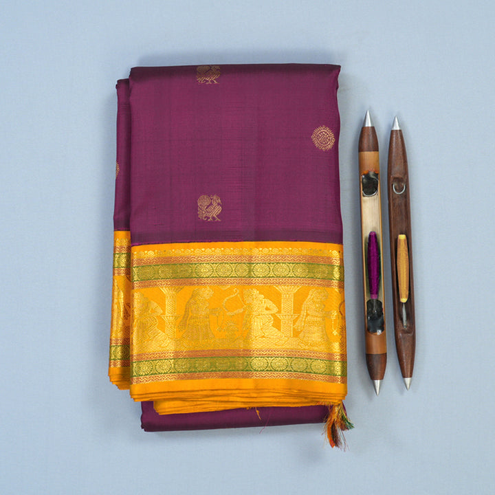 Hayagrivas Handloom Wine Purple Kanjivaram Silk Saree with Mustard Border KBE2088A3-3