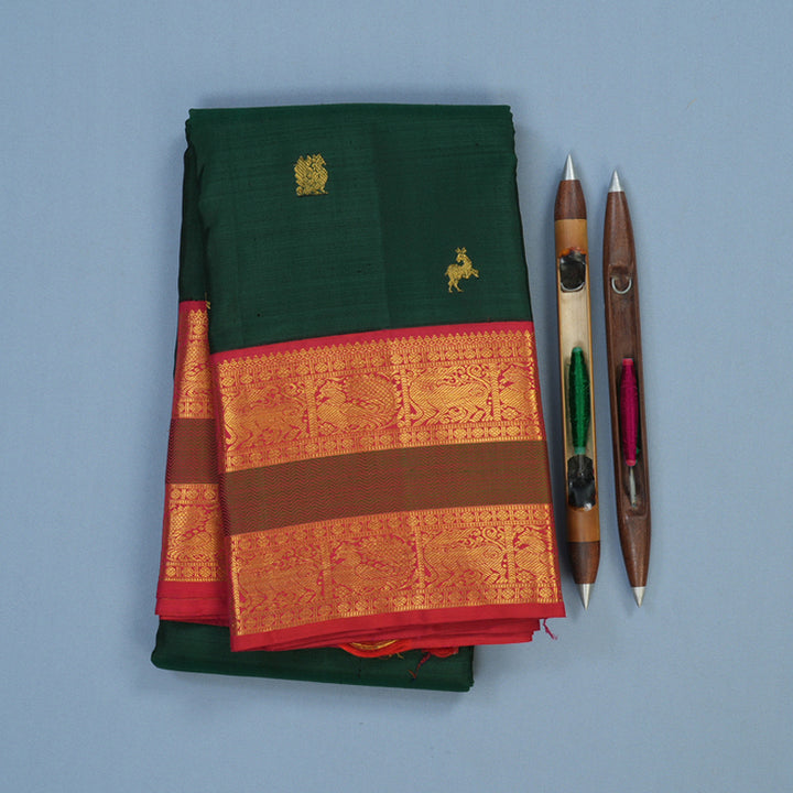Hayagrivas Handloom Bottle Green Kanjivaram Silk Saree with Red Border KBE2090A2-4