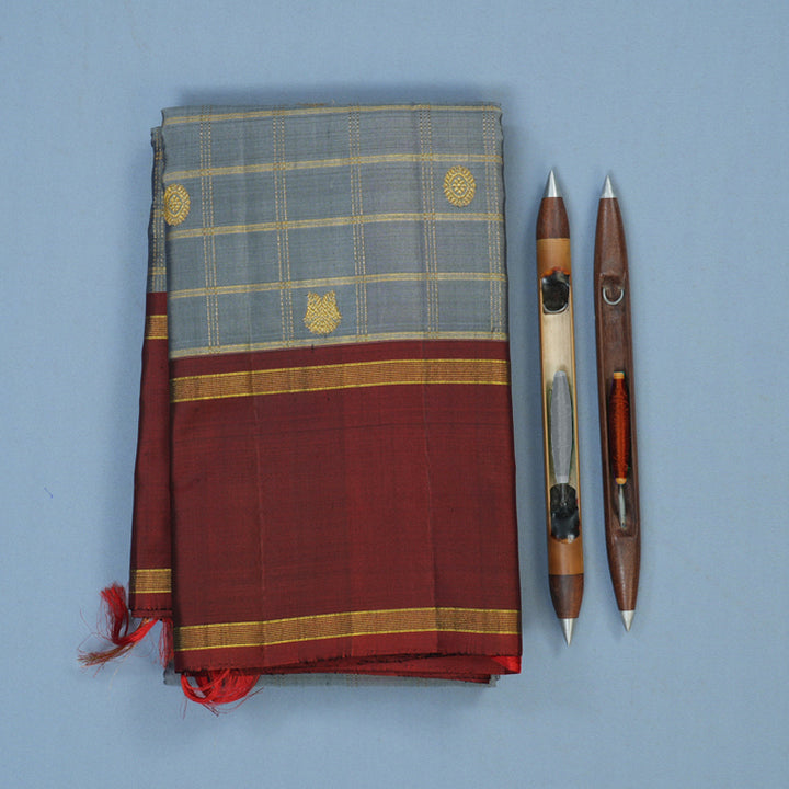 Hayagrivas Handloom Grey Kanjivaram Silk Saree with Rust Orange Border KBE2090A4-1