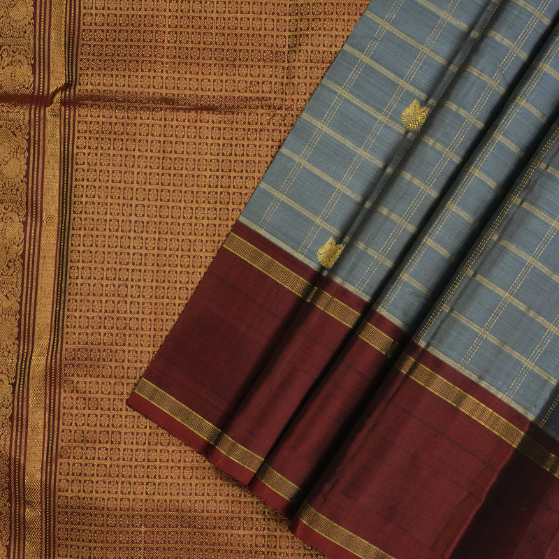Hayagrivas Handloom Grey Kanjivaram Silk Saree with Rust Orange Border KBE2090A4-1