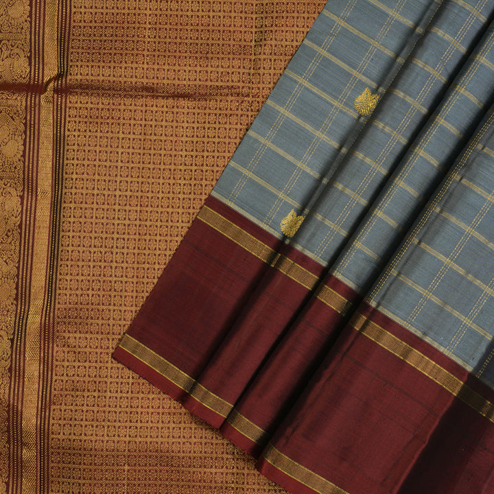 Hayagrivas Handloom Grey Kanjivaram Silk Saree with Rust Orange Border KBE2090A4-1